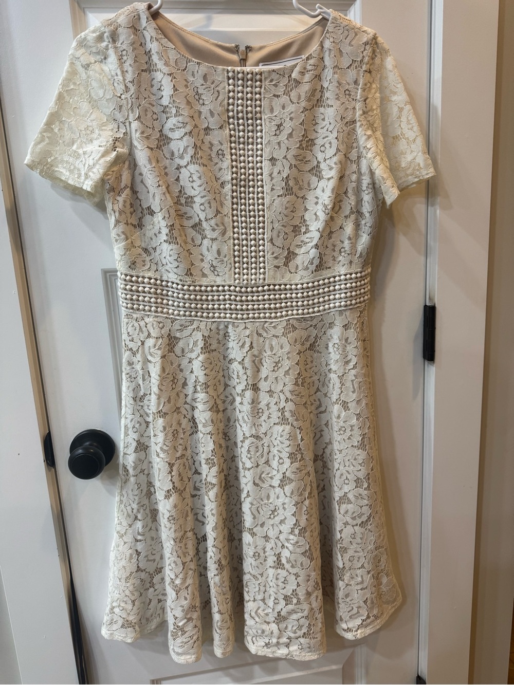 Ivory Lace Fit-and-Flare Dress with Pearl Trim